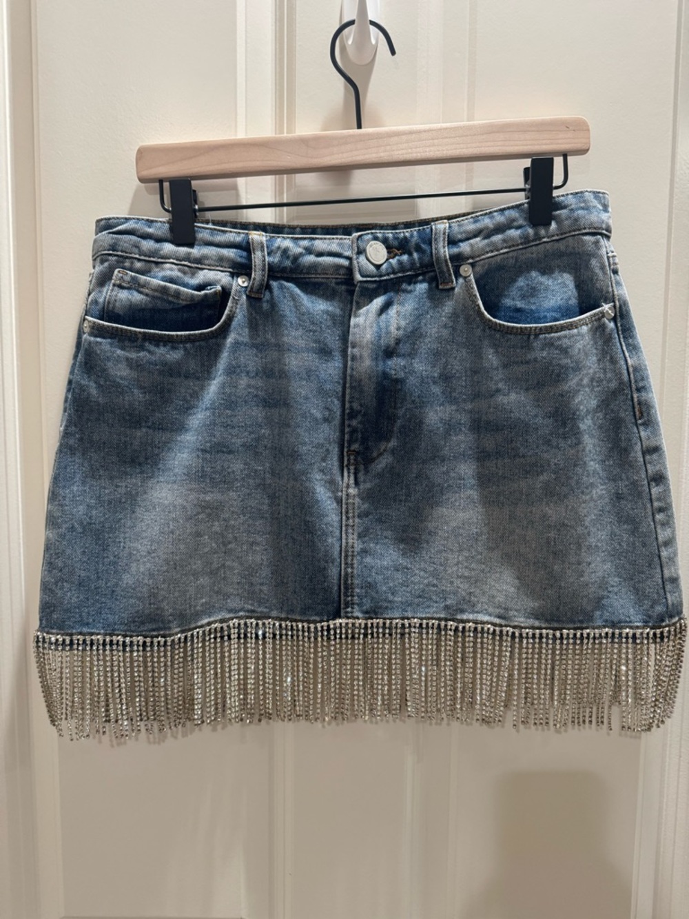 Blank NY Denim Mini Skirt with Silver Fringe
